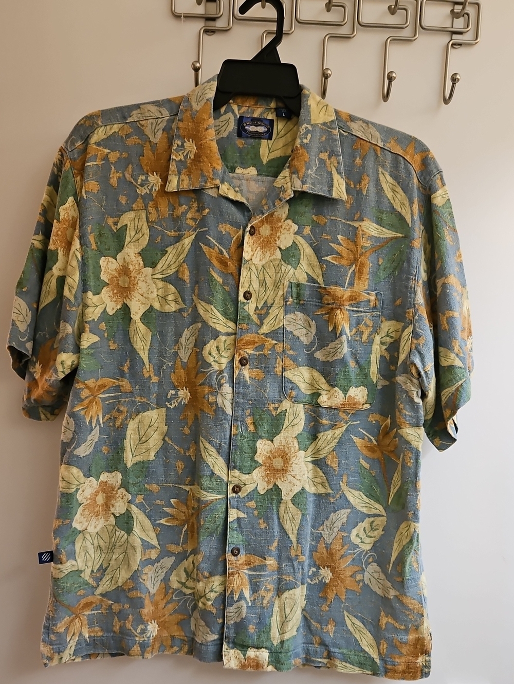 Vintage West Marine Mens Large USA Floral Hawaiian Aloha Short Sleeve Shirt Blue
